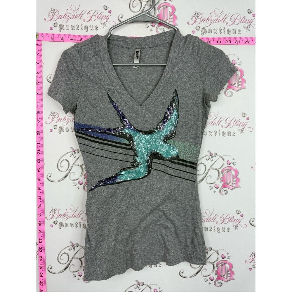 Garage shirt grey V-Neck Tee with Teal & Purple Sequin Bird